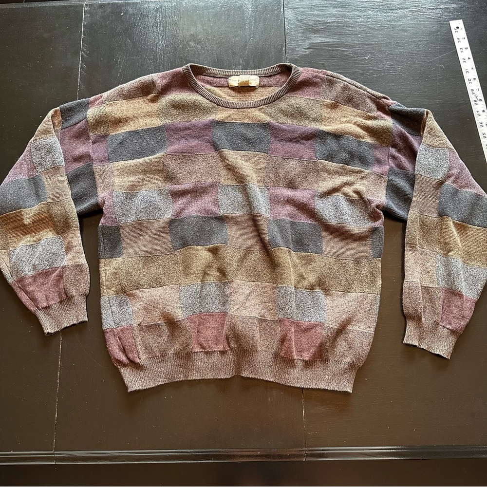 Vintage Large Oversized Crewneck Mens Multicolor Patchwork Sweater Earth Grandpa